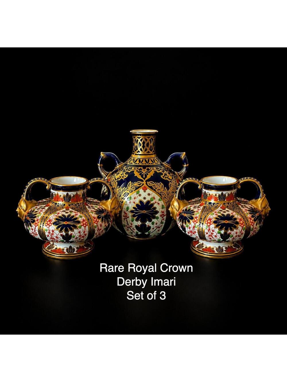 Rare Royal Crown Derby Imari Porcelain Garniture Urn Vases - Set of 3 - 10259